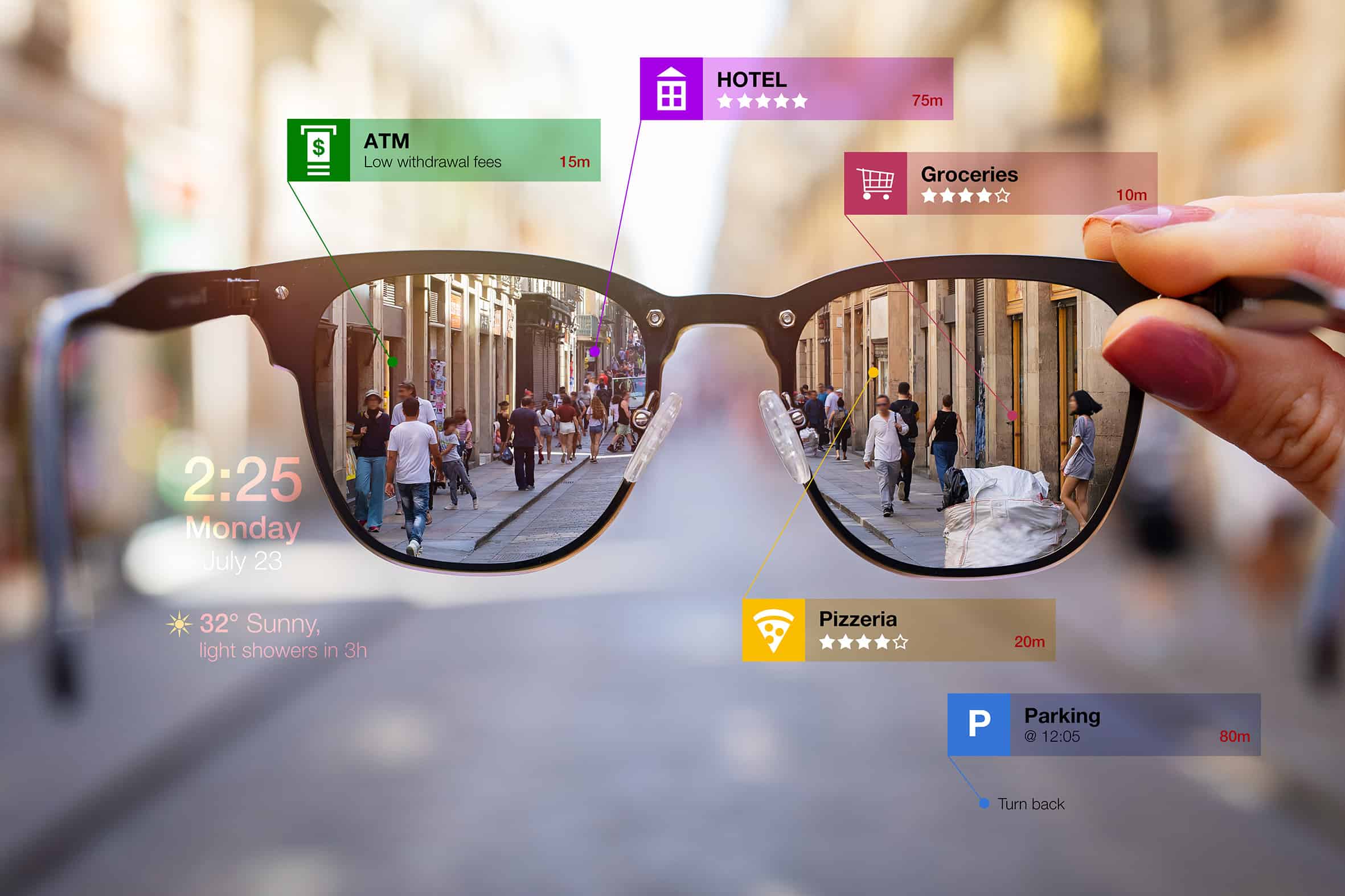  View through augmented reality glasses showing signposts