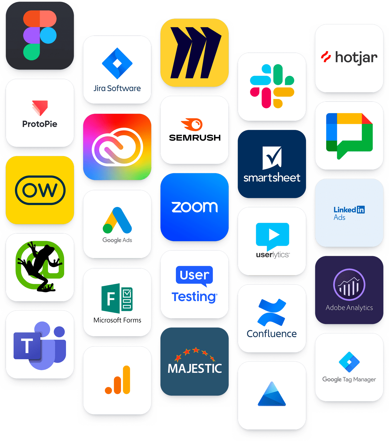 Application logos: Figma, Adobe Creative Cloud, ProtoPie, UX research tools, Project management tools, Jira, Confluence, Zoom, Google Ads, Analytics, Slack, Majestic, HotJar, Zoom