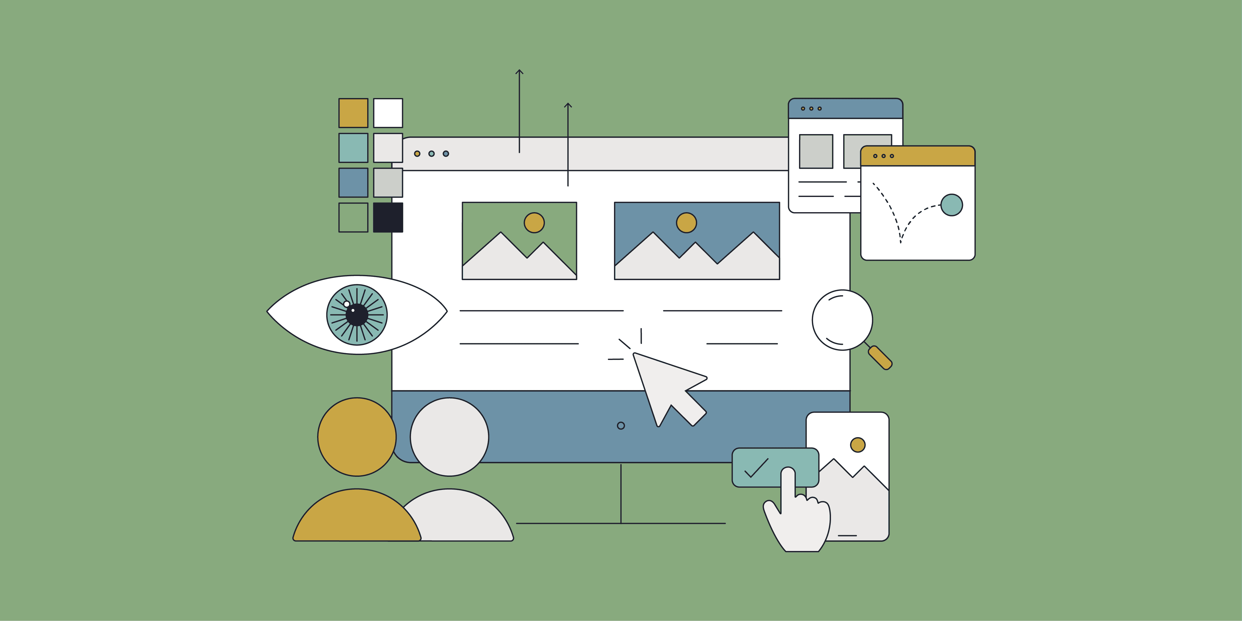  An illustration montage depicting a computer screen surrounded by a colour palette, an eye, two users, a finger pressing a mobile screen and a moving object in a popup window.