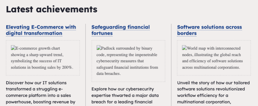  Example alt texts in place of missing images. One text reads: Padlock surrounded by binary code, representing impenetrable cybersecuirty measures that safeguard financial institutions from data breaches.