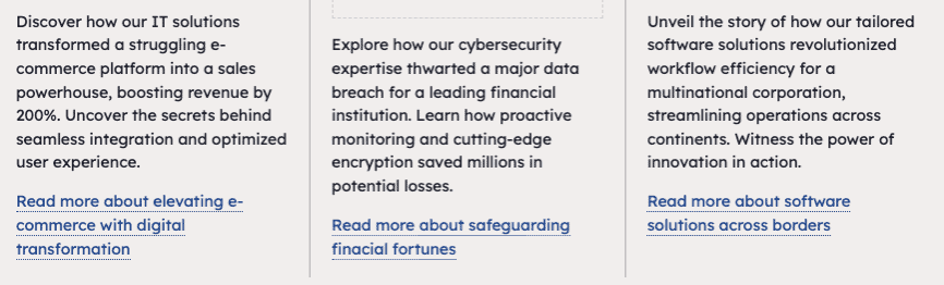  Example descriptive links. One reads: Read more about elevating e-commerce with digital transformation.